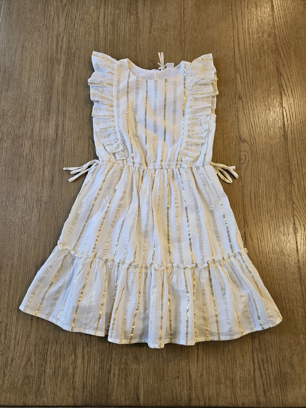Girls Ivory Dress with Gold Stripes - Ruffle Short Sleeve Summer Dress Sz. 8